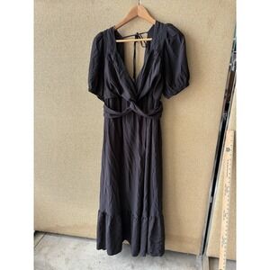 BAEVELY Dress Womens 1XL Black Wrap Maxi Puff Sleeve Ruffle Belted V Neck